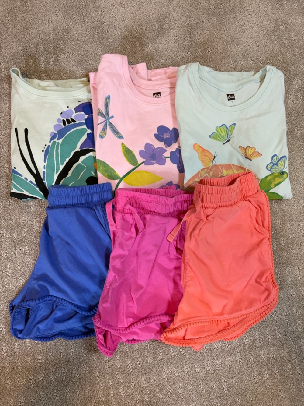 Tea Collection Girls Floral & Butterfly Tops with Blue, Pink, Coral Shorts
